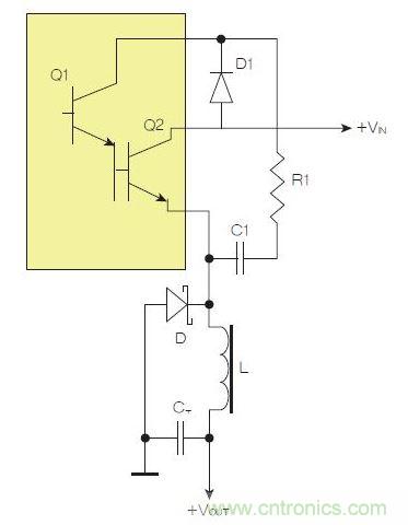 為了實現(xiàn)用兩個元器件提升電源轉換效率，芯片上應有針對驅動器晶體管Q1集電極的單獨引腳。