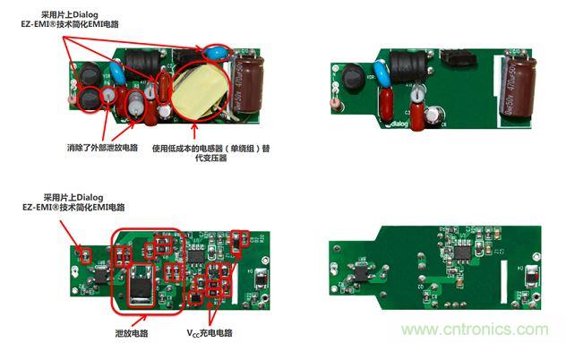iW3688消除了20 多個外部元器件，降低BOM成本達(dá)20%~25%（左右分別為方案對比，上下為PCB正反面）