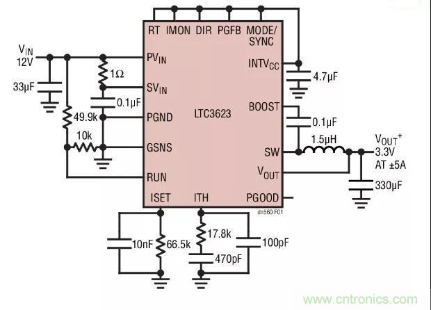 高效率、15V 軌至軌輸出同步降壓型穩(wěn)壓器能提供或吸收 5A