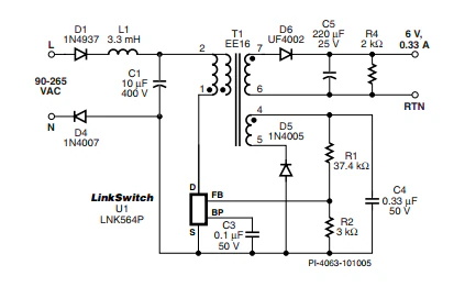 LinkSwitch-LP 系列旨在取代手機/無繩電話、PDA、數(shù)碼相機和便攜式音頻播放器等應(yīng)用中輸出功率 < 2.5 W 的低效線頻線性變壓器電源。LinkSwitch-LP 還可用作白色家電等應(yīng)用中的輔助電源。  LinkSwitch-LP 將高壓功率 MOSFET 開關(guān)與 ON/OFF 控制器集成在一個設(shè)備中。它完全由漏極引腳自供電，具有低 EMI 的抖動開關(guān)頻率，并且具有全面的故障保護。自動重啟可限制過載和輸出短路條件下的器件和電路耗散，而遲滯過溫保護會在熱故障期間禁用內(nèi)部 MOSFET。EcoSmart 技術(shù)使設(shè)計能夠輕松實現(xiàn) < 150 mW 的空載功耗，滿足能源效率要求。  LinkSwitch-LP 的設(shè)計目的是在輸出功率低于 2.5 W 時無需初級側(cè)鉗位電路，從而顯著減少組件數(shù)量和總系統(tǒng)成本。圖 1 顯示了基于 LinkSwitch-LP 的 2 W 電源，不帶初級側(cè)鉗位。LinkSwitch-LP 系列經(jīng)過優(yōu)化，當變壓器上的輔助或偏置繞組提供反饋時，可提供近似的 CV/CC 輸出特性。這非常適合取代工頻變壓器的應(yīng)用，提供兼容的輸出特性，但過載、短路電流和輸入線電壓變化較小。  　  在無鉗位設(shè)計中使用 LinkSwitch-LP 的基本電路原理圖。  快速開始  　 LinkSwitch-LP 反激式設(shè)計流程圖